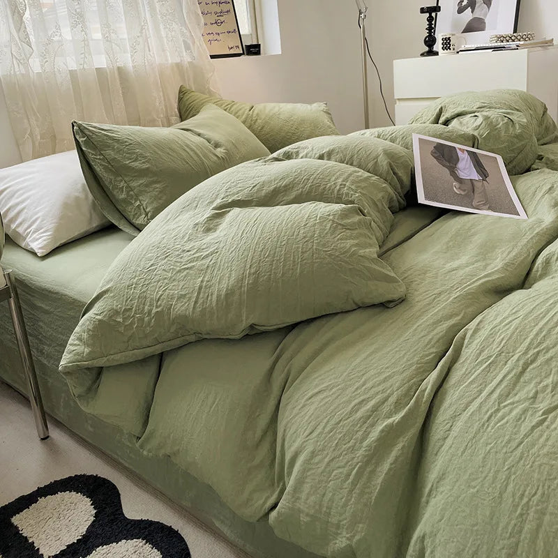 Japanese style solid color dual color washed cotton four piece set with no printed style quilt cover, bed sheet, fitted sheet,