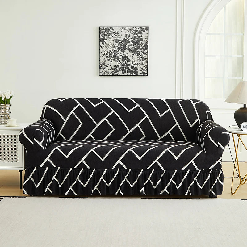 Printed Sofa Cover with Skirt - Full Coverage & Elastic, Multiple Colors