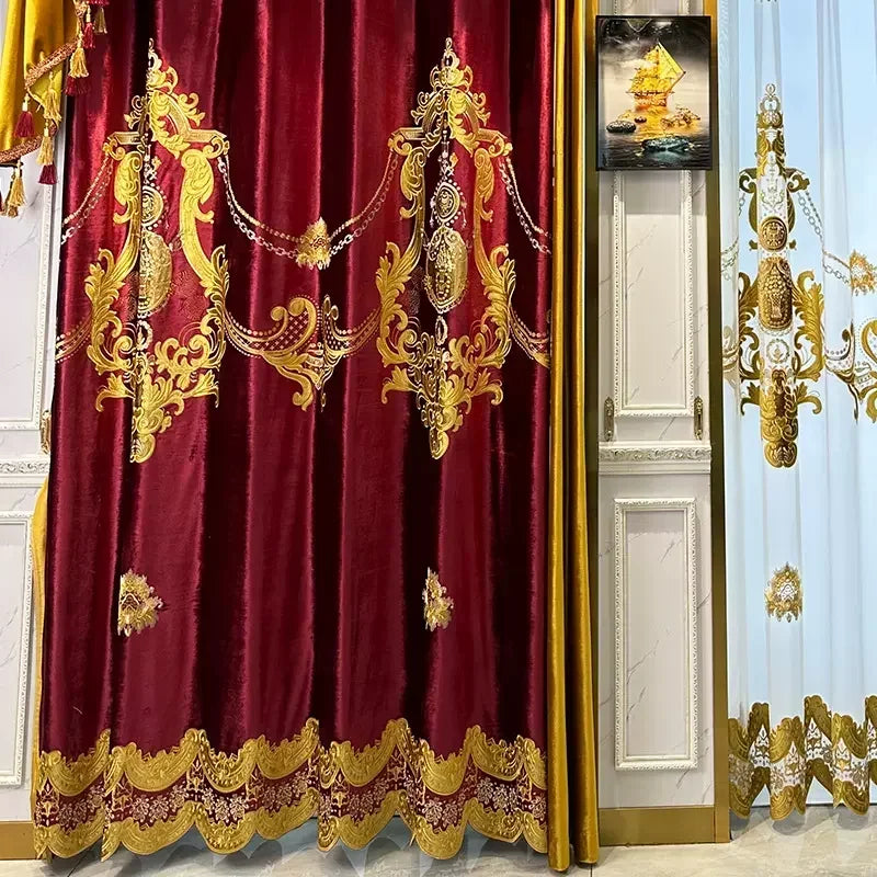 European Red Embroidery Luxury Velvet Curtains for Living Room Blackout Bedroom Tulle Palace Valance Elegant Hall Wedding