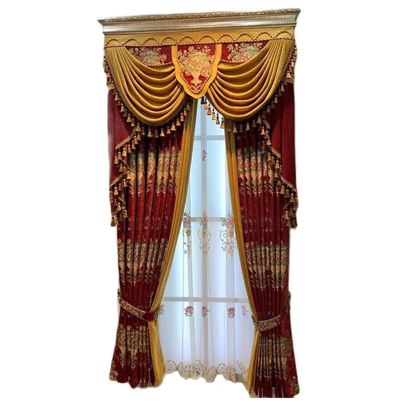 European top luxury red jacquard blackout curtains for living room high-quality decorative villa curtains for bedroom apartments