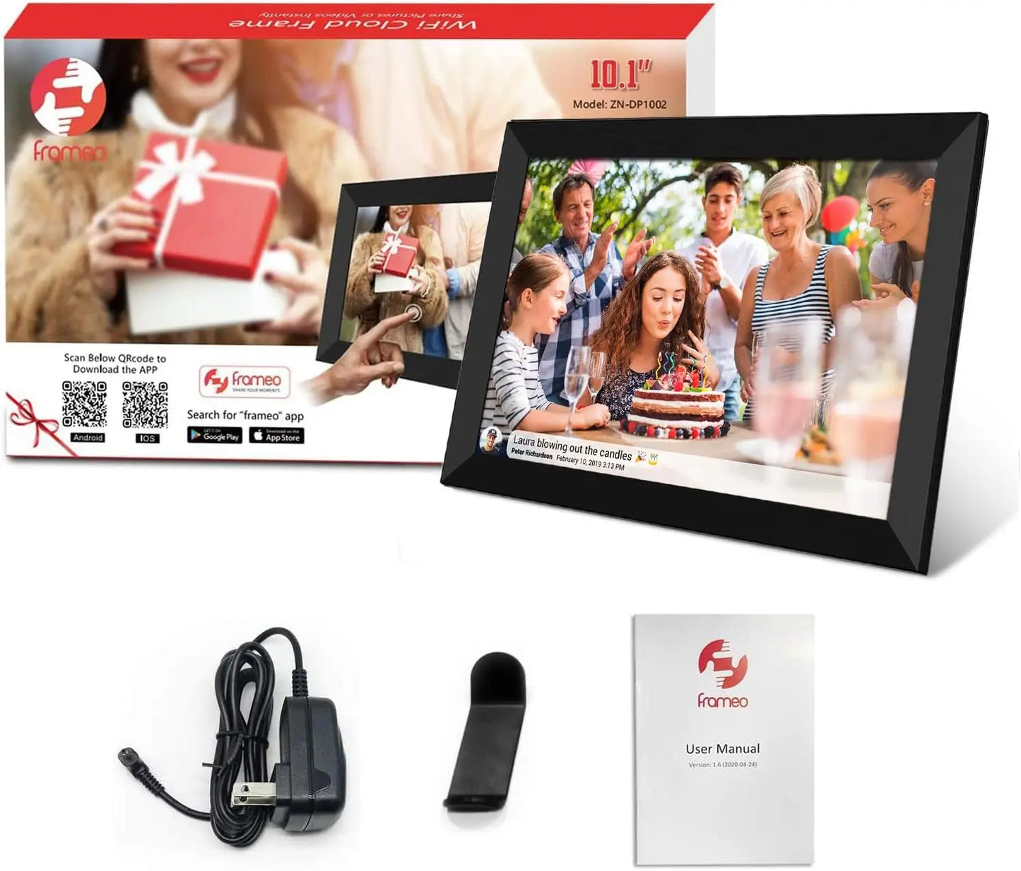FRAMEO Digital Photo Frame WiFi 32GB 10.1 Inch 1280x800 IPS Touch Screen Digital Picture Frame Easy Setup Share Photo or Video