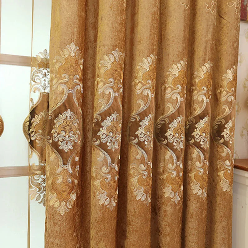 European Brown Chenille Blackout Curtain for Living Room Villa Luxury Flower Embroidery Drapes Room Darkening Thermal Insulated