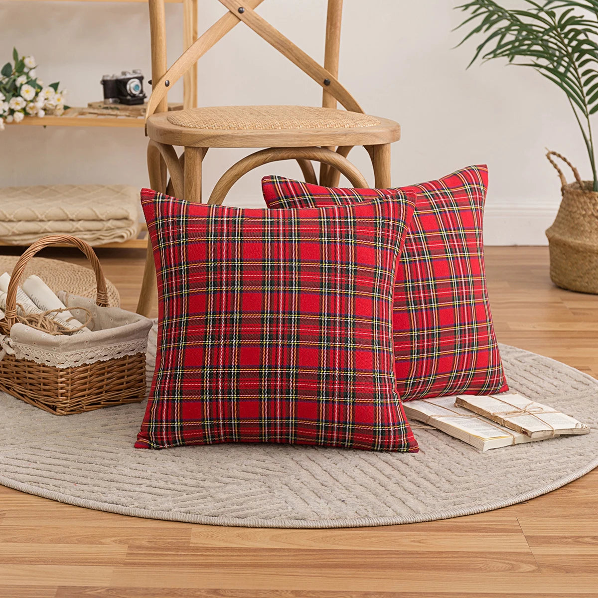 Christmas Tartan Plaid Pillow Case with Snowflake Design