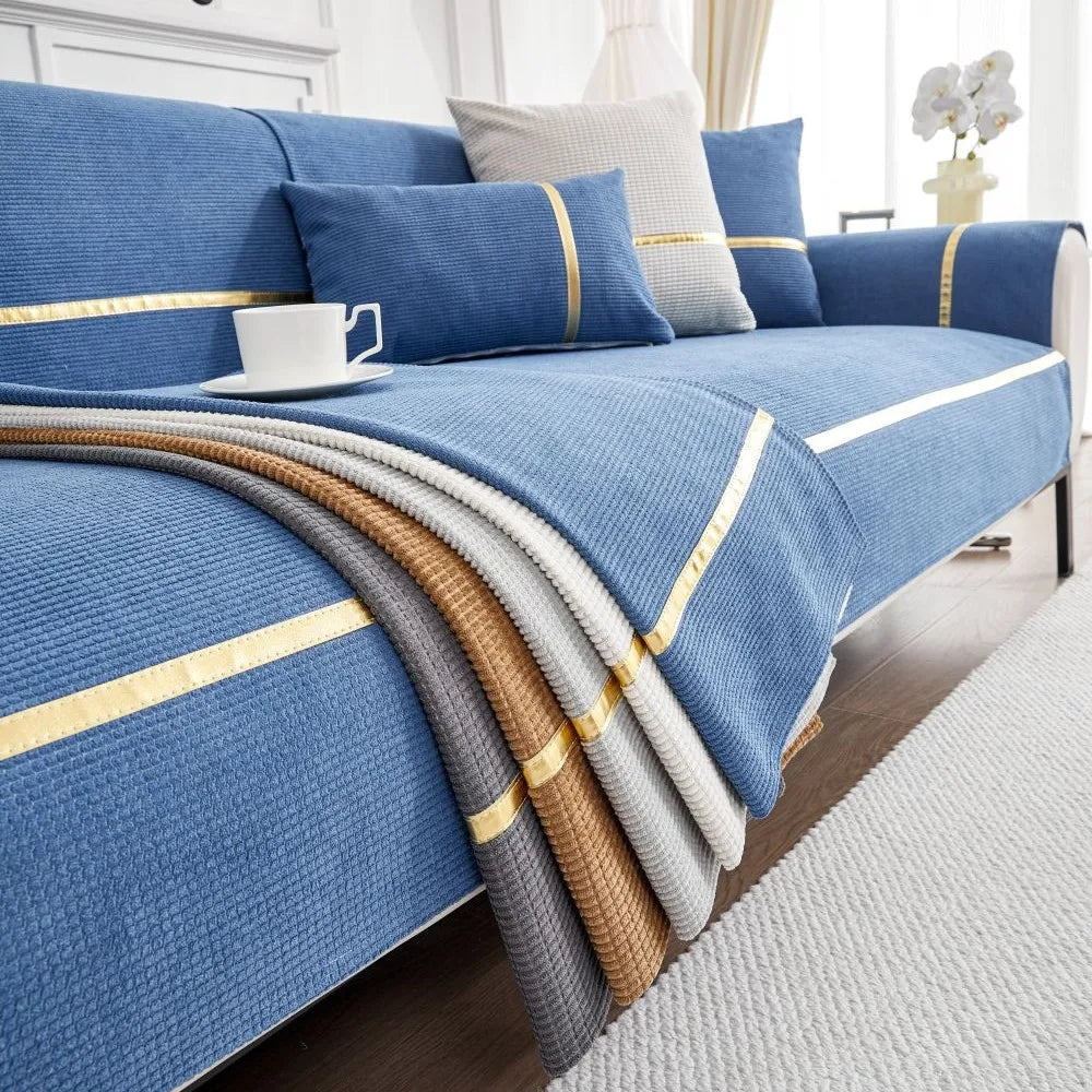New Gold Edge Sofa Cushion Cover Seat Cushion Household 2024 Four Seasons Modern Simple Non Slip Corn Silk Fabric Sofa Cover