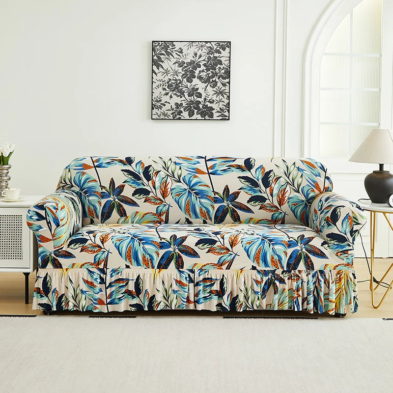 Printed Sofa Cover with Skirt - Full Coverage & Elastic, Multiple Colors