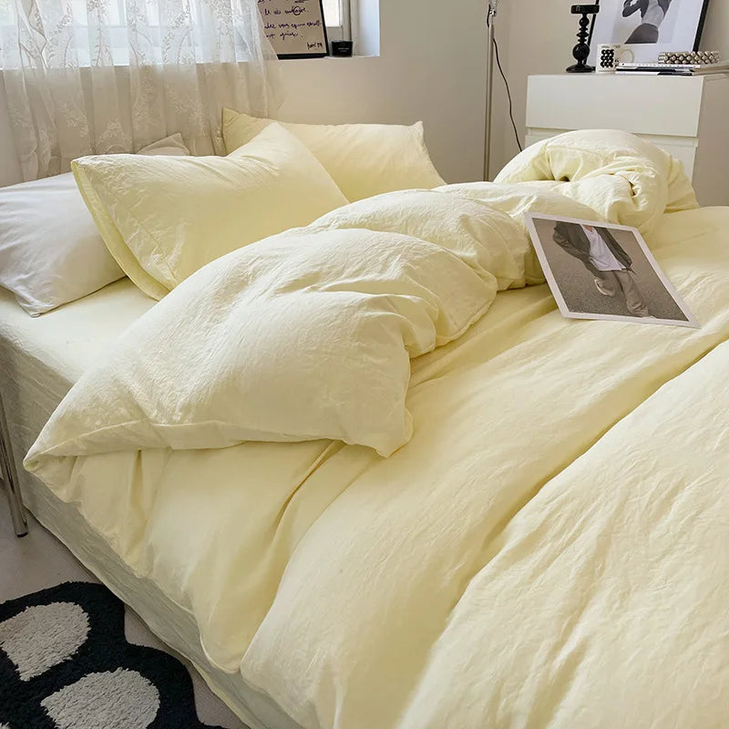 Japanese style solid color dual color washed cotton four piece set with no printed style quilt cover, bed sheet, fitted sheet,