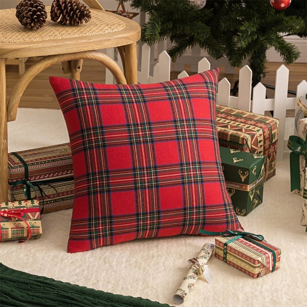 Christmas Tartan Plaid Pillow Case with Snowflake Design