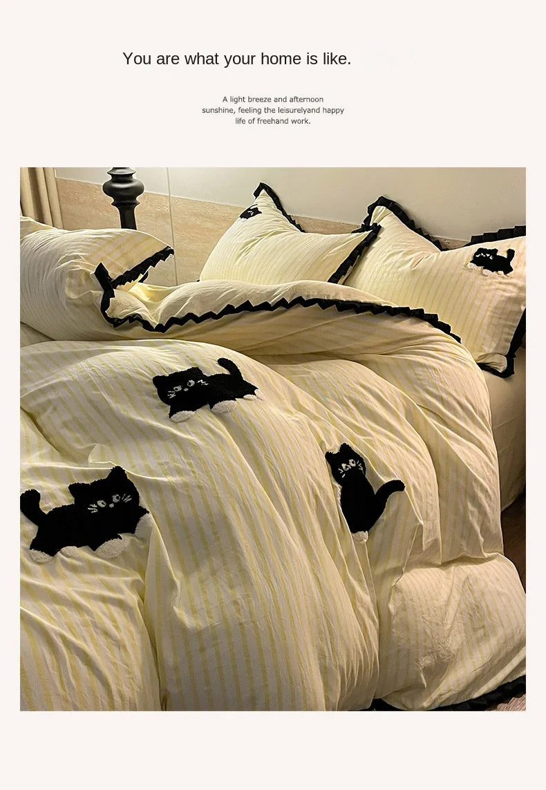 Green Stripe, Black Cat Embroidery Bedding Set