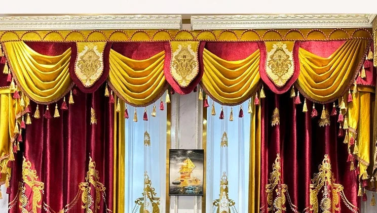 European Red Embroidery Luxury Velvet Curtains for Living Room Blackout Bedroom Tulle Palace Valance Elegant Hall Wedding