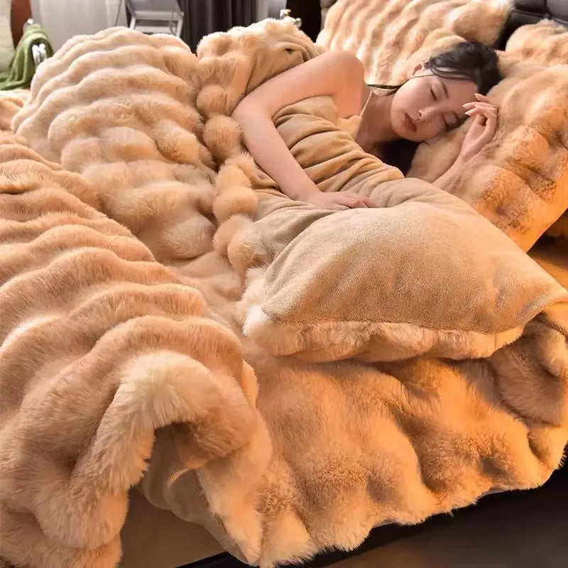 Colorful Rabbit Plush Bed Set with Four Pieces Winter Thick Milk Velvet Duvet Cover Double Sided Velvet Sheet Bedroom Beds Set