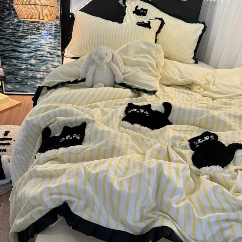 Green Stripe, Black Cat Embroidery Bedding Set