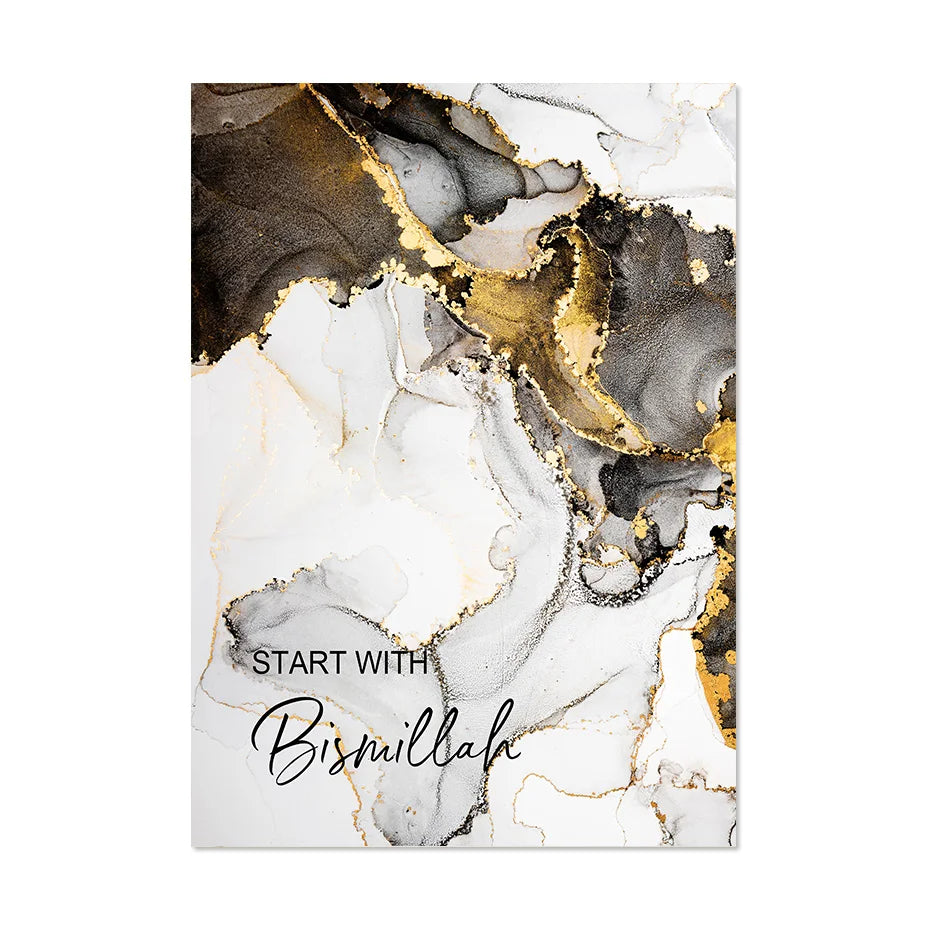 Marble Beige Gold Bismillah Alhamdulilah Islamic Poster Wall Art Canvas Painting Print Picture Modern Living Room Interior Decor