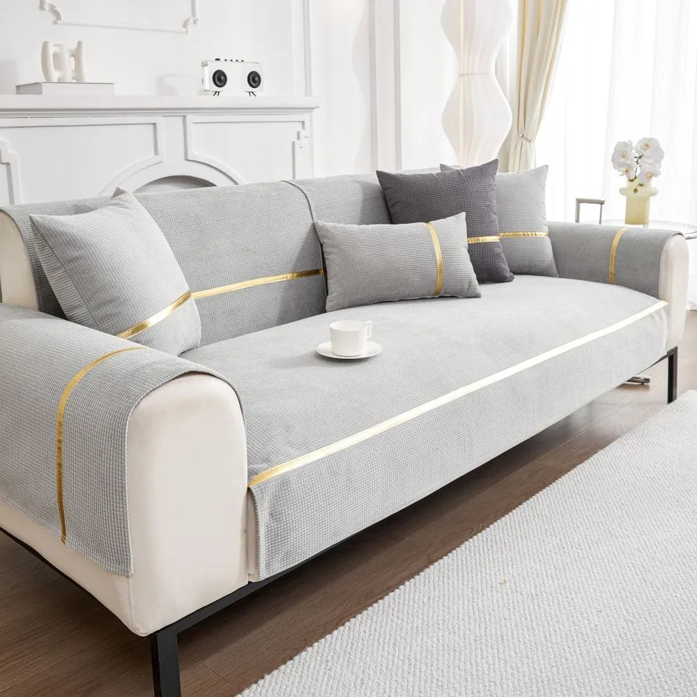 New Gold Edge Sofa Cushion Cover Seat Cushion Household 2024 Four Seasons Modern Simple Non Slip Corn Silk Fabric Sofa Cover