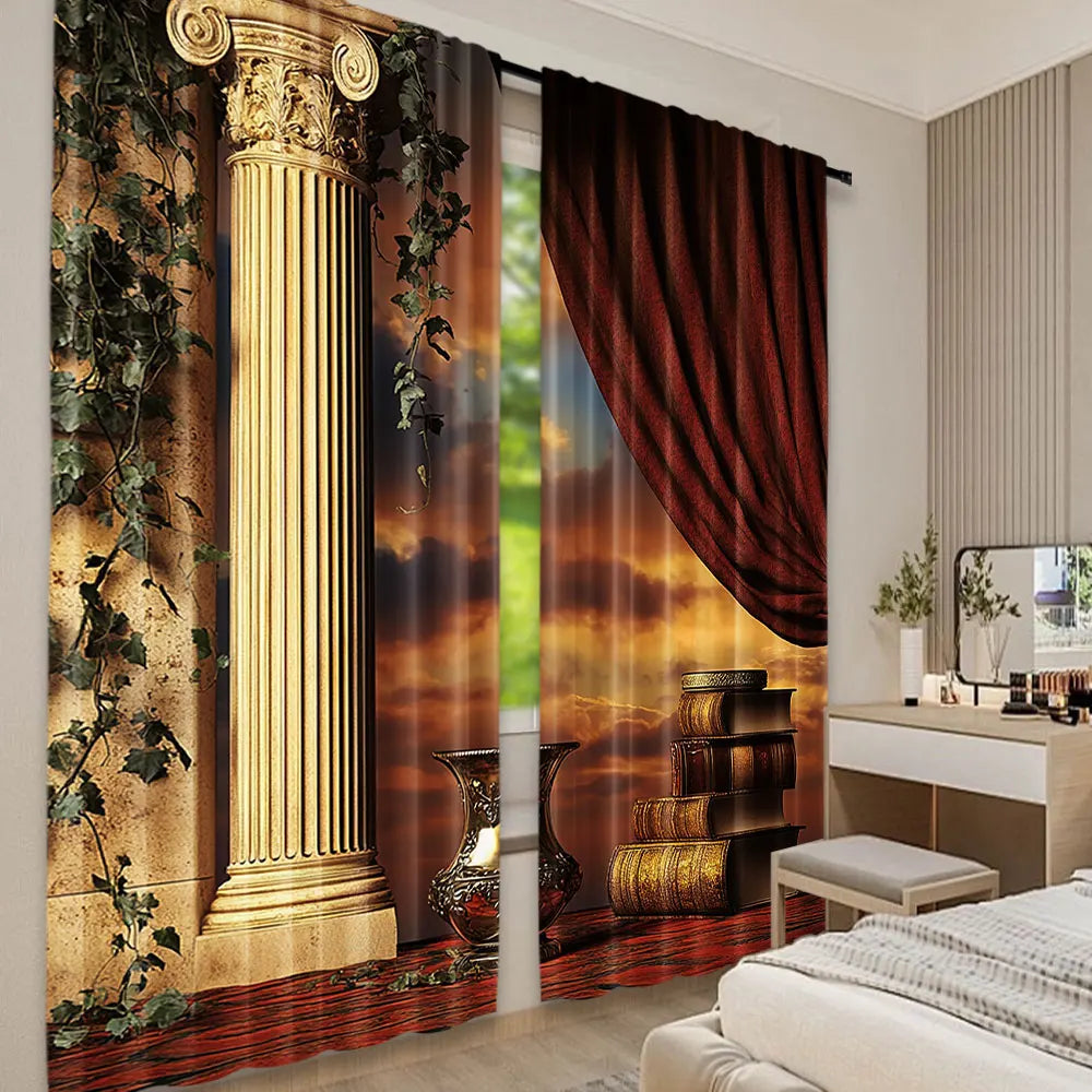 2Pcs Gothic Curtains Greek Style Scene Columns With Vines And Red Curtain Sunset Suitable For Bedroom Bathroom Living Room
