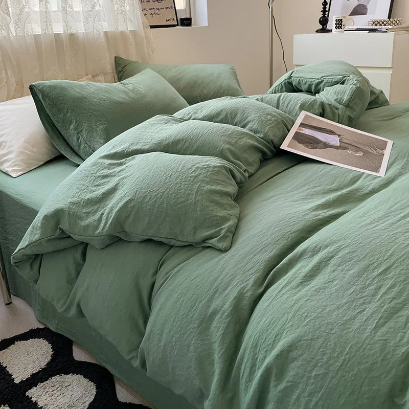 Japanese style solid color dual color washed cotton four piece set with no printed style quilt cover, bed sheet, fitted sheet,