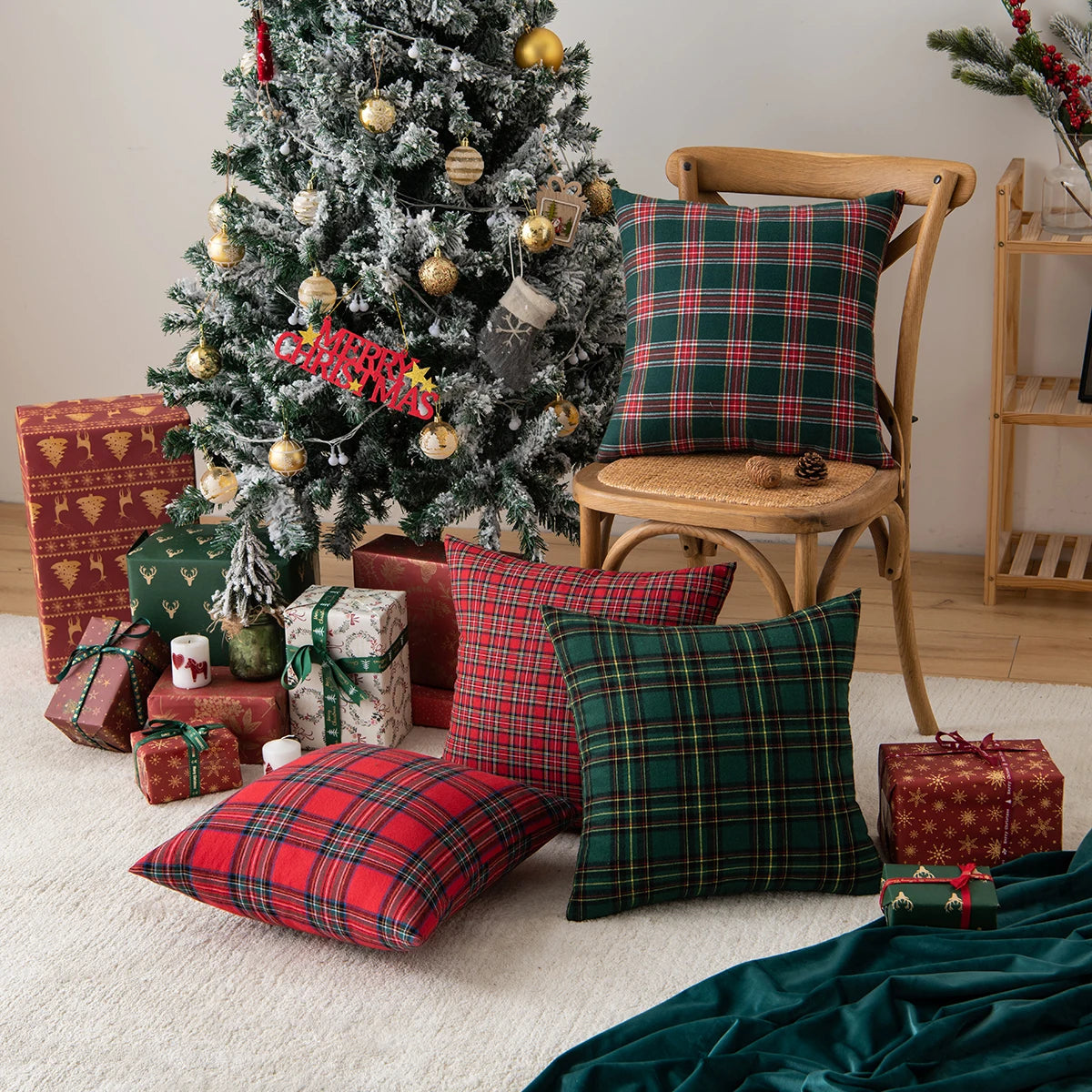 Christmas Tartan Plaid Pillow Case with Snowflake Design