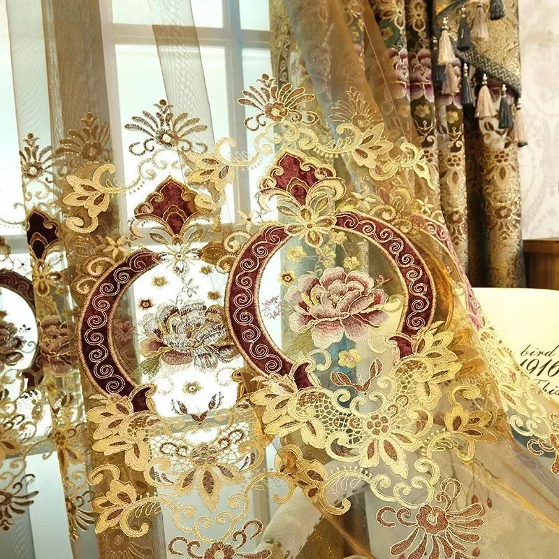 Luxury Golden Velvet Embroidered Curtains for Living Room Bedroom Elegant Hollow Shading Drapes Custom Valance Tulle Villa Decor