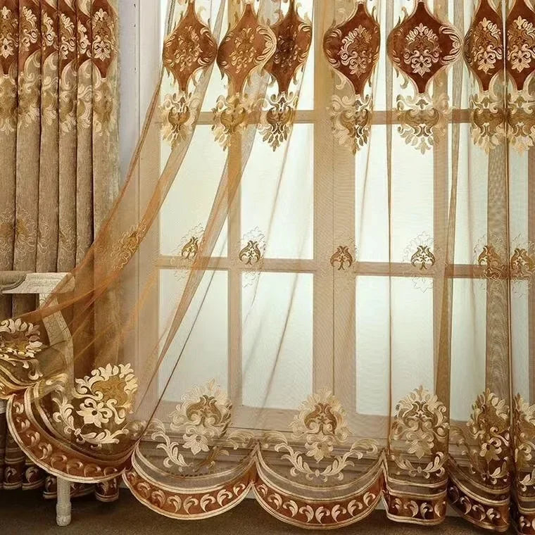 European Brown Chenille Blackout Curtain for Living Room Villa Luxury Flower Embroidery Drapes Room Darkening Thermal Insulated