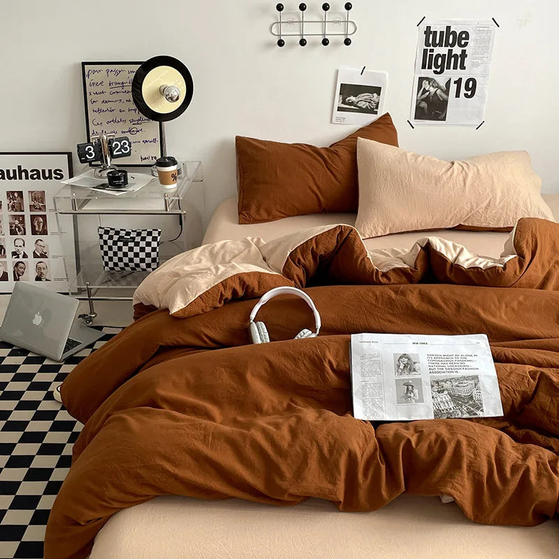 Japanese style solid color dual color washed cotton four piece set with no printed style quilt cover, bed sheet, fitted sheet,