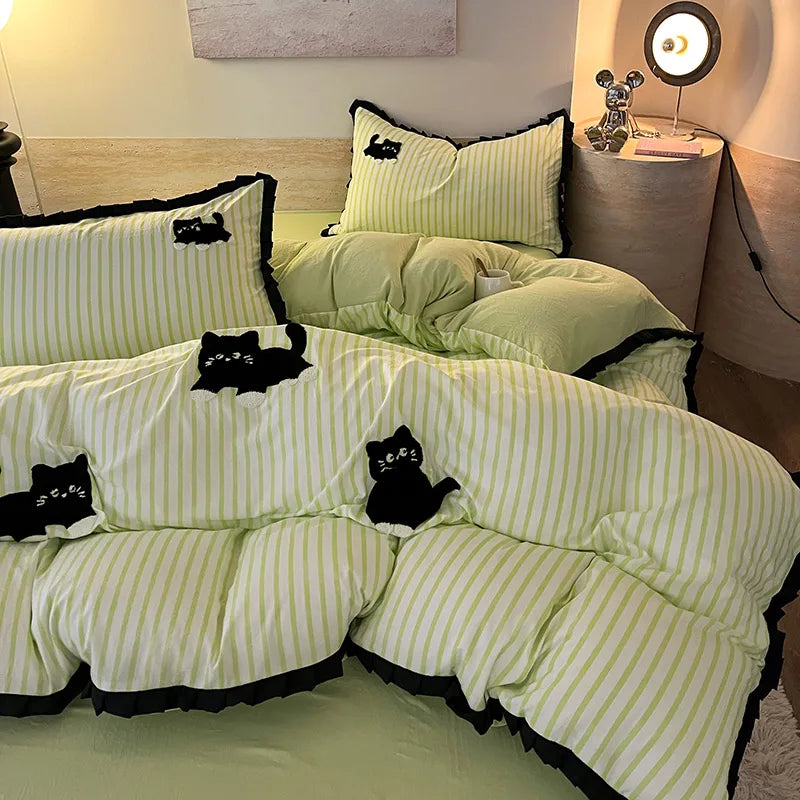 Green Stripe, Black Cat Embroidery Bedding Set