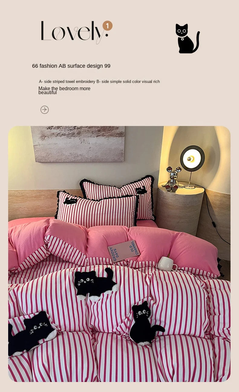 Green Stripe, Black Cat Embroidery Bedding Set