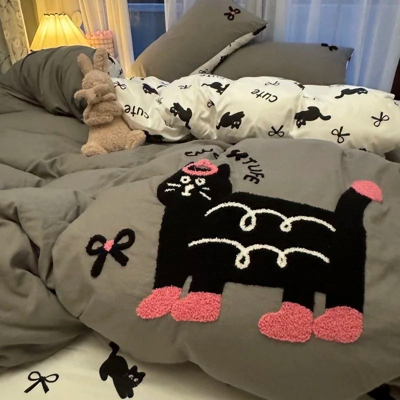 Green Stripe, Black Cat Embroidery Bedding Set