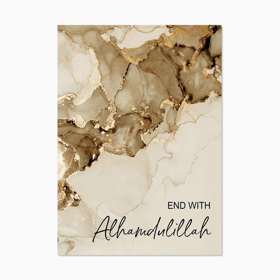Marble Beige Gold Bismillah Alhamdulilah Islamic Poster Wall Art Canvas Painting Print Picture Modern Living Room Interior Decor