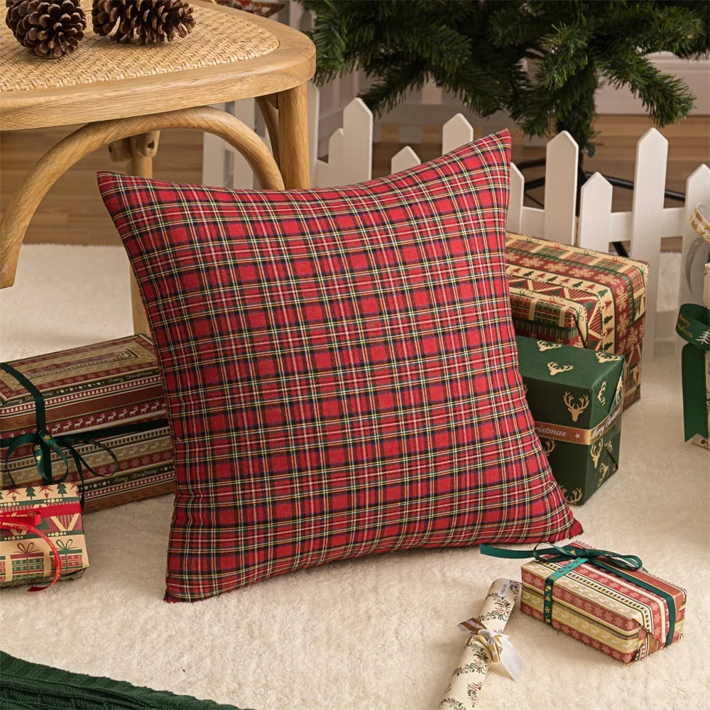 Christmas Tartan Plaid Pillow Case with Snowflake Design