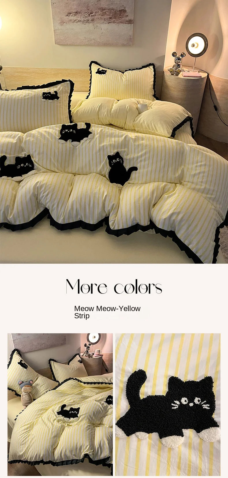 Green Stripe, Black Cat Embroidery Bedding Set
