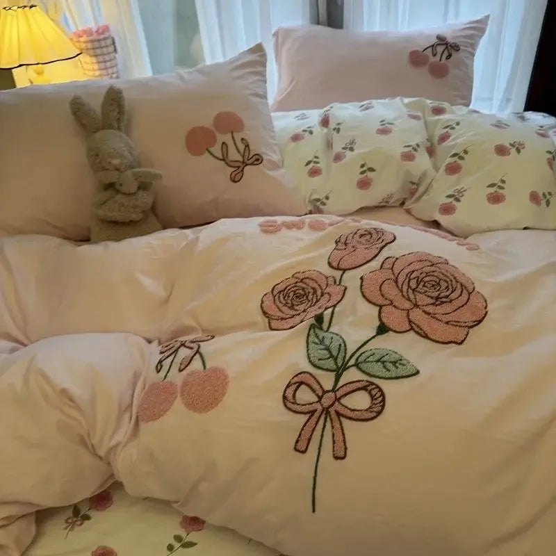 Green Stripe, Black Cat Embroidery Bedding Set