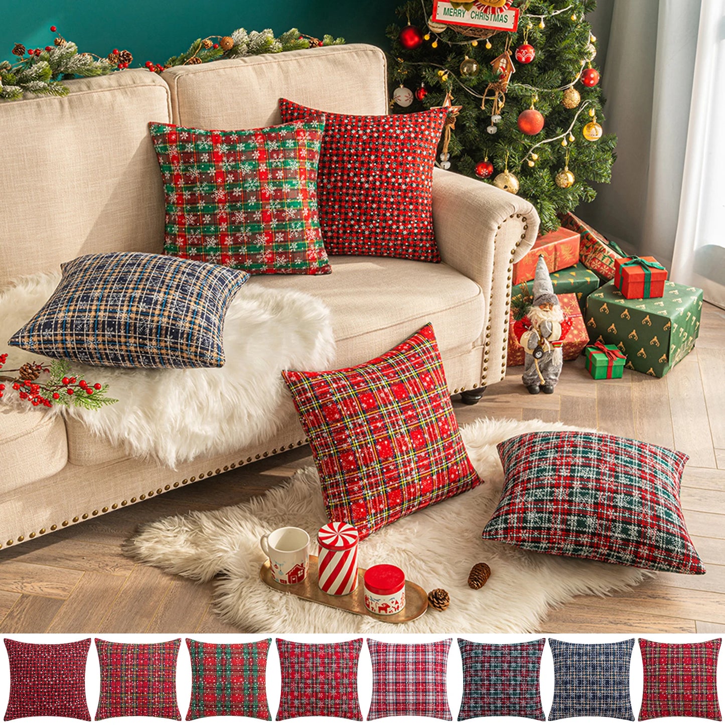 Christmas Tartan Plaid Pillow Case with Snowflake Design