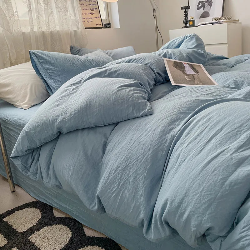 Japanese style solid color dual color washed cotton four piece set with no printed style quilt cover, bed sheet, fitted sheet,