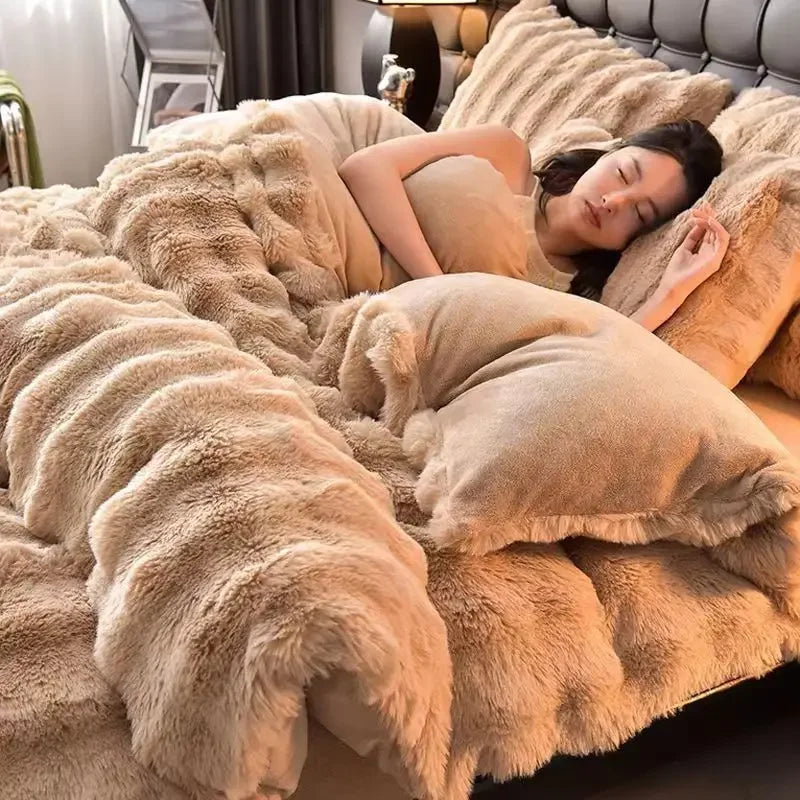 Colorful Rabbit Plush Bed Set with Four Pieces Winter Thick Milk Velvet Duvet Cover Double Sided Velvet Sheet Bedroom Beds Set