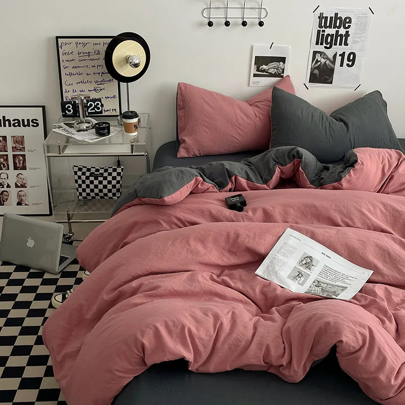 Japanese style solid color dual color washed cotton four piece set with no printed style quilt cover, bed sheet, fitted sheet,