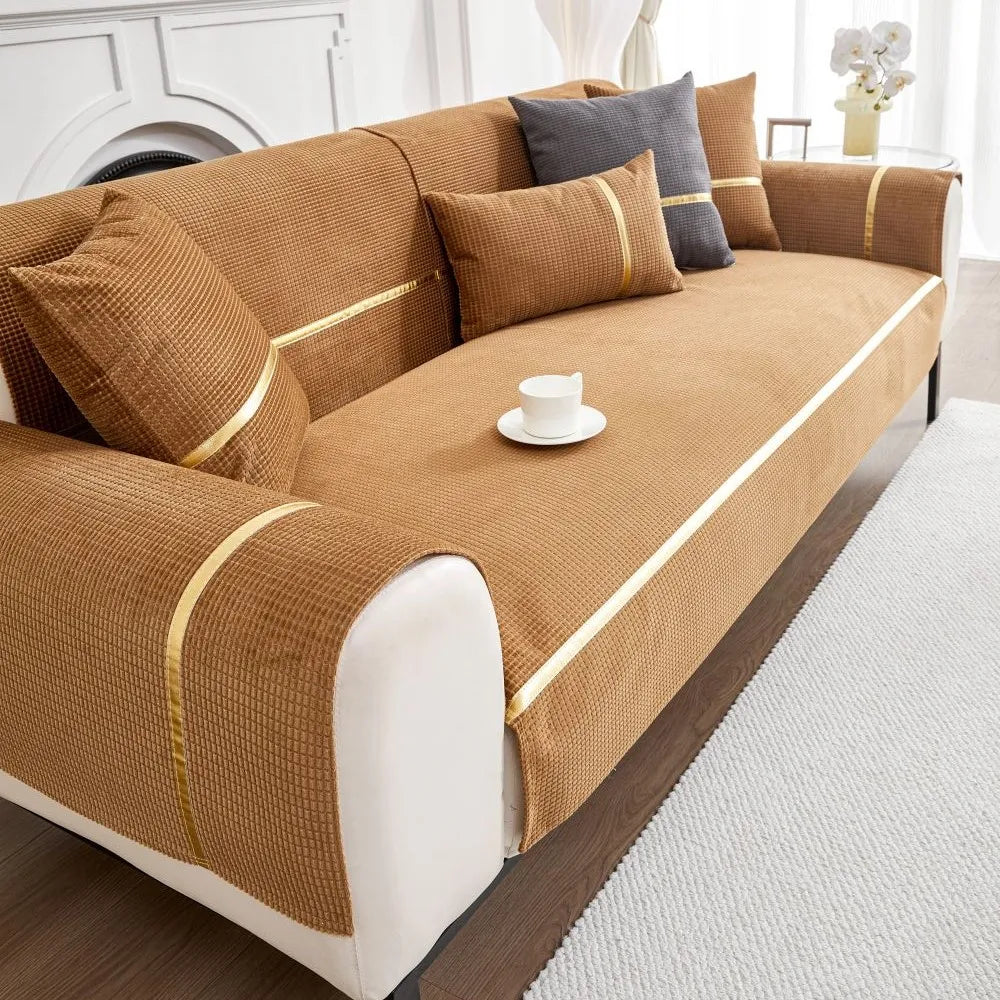 New Gold Edge Sofa Cushion Cover Seat Cushion Household 2024 Four Seasons Modern Simple Non Slip Corn Silk Fabric Sofa Cover