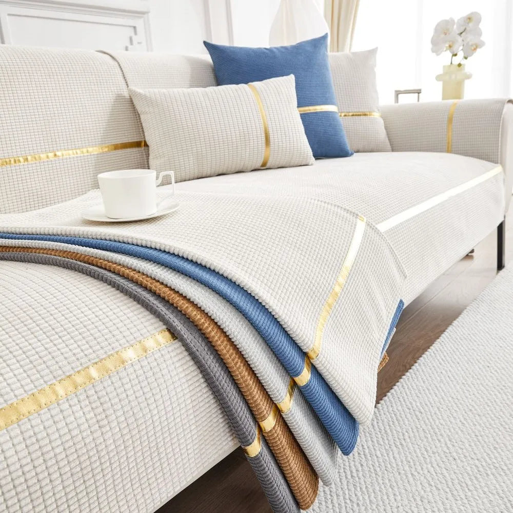 New Gold Edge Sofa Cushion Cover Seat Cushion Household 2024 Four Seasons Modern Simple Non Slip Corn Silk Fabric Sofa Cover