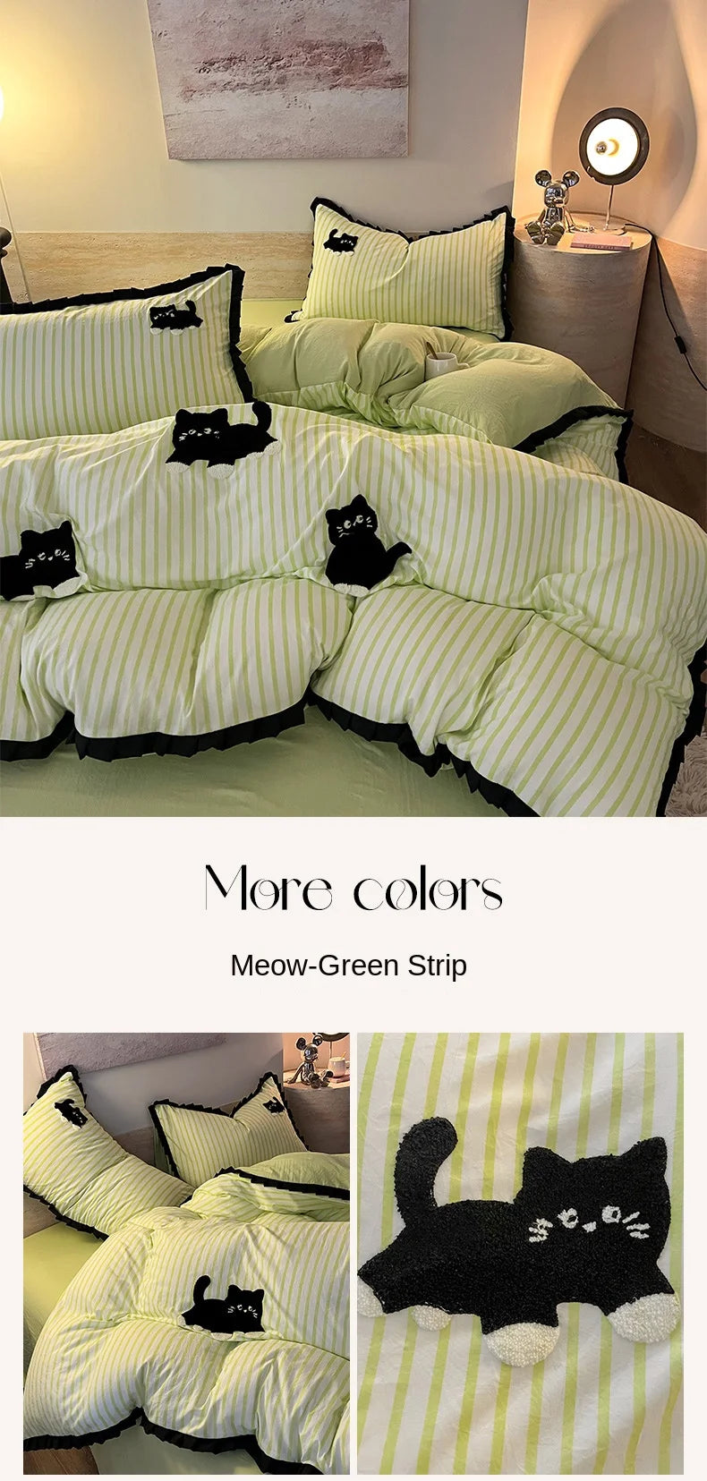 Green Stripe, Black Cat Embroidery Bedding Set