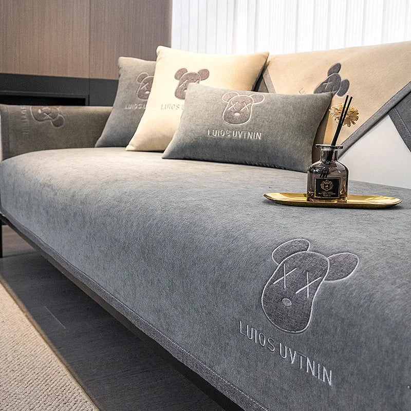 Chenille Sofa Cover Antislip Universal for All Seasons Dust Sofa Cover Solid Color Embroidered Decor Sofa Cushion Backrest Towel