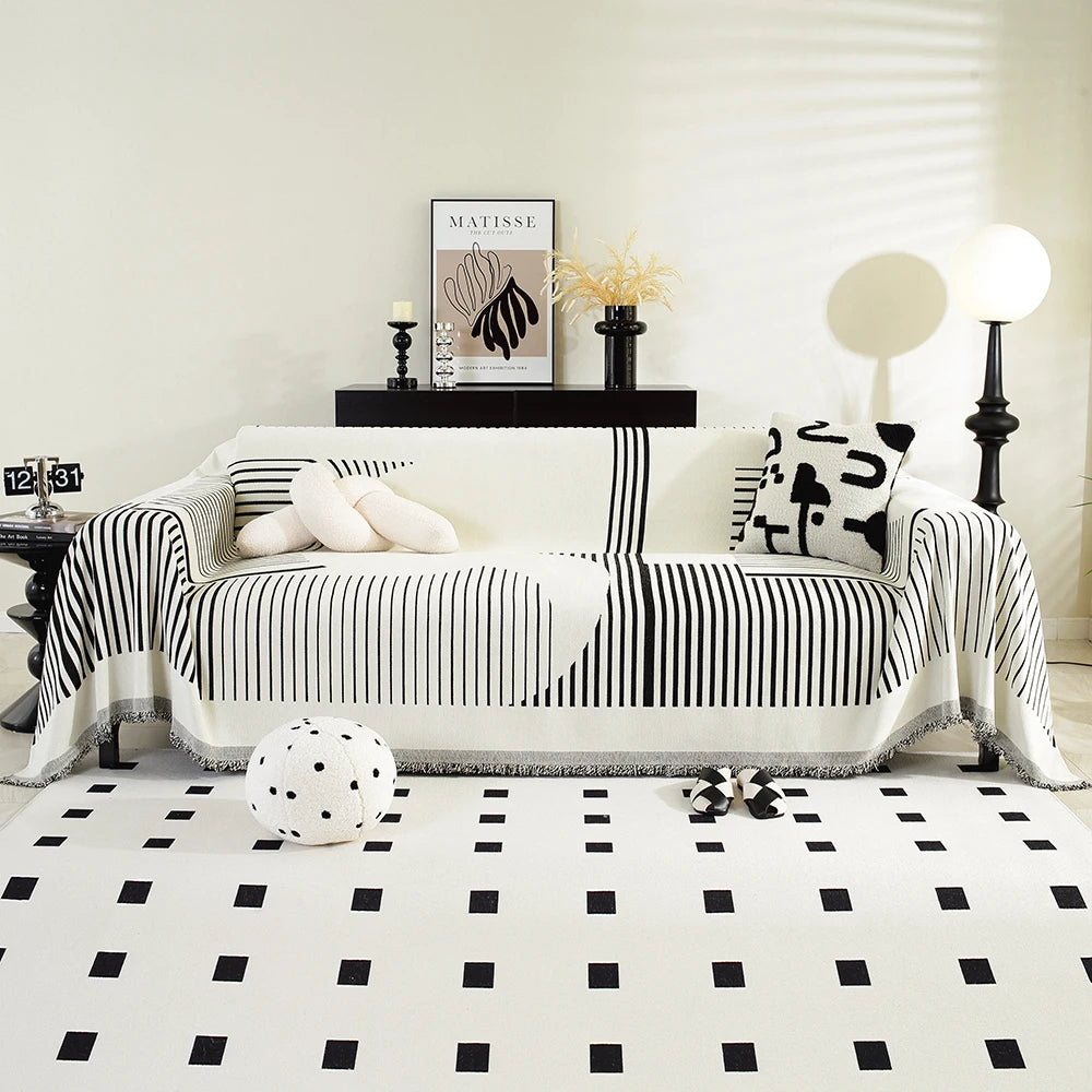 Irregular lines Chenille Sofa Towel for the Living Room, Nordic Style Home Decor with Tassel Edges, Three-Seater Sofa Set