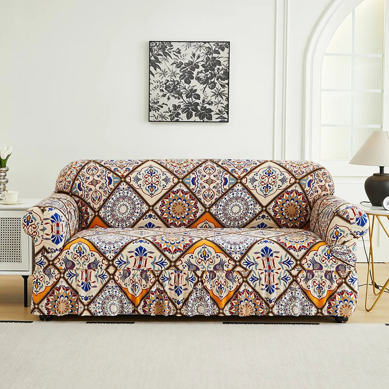 Printed Sofa Cover with Skirt - Full Coverage & Elastic, Multiple Colors