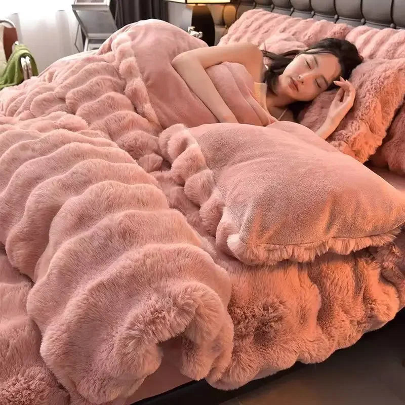 Colorful Rabbit Plush Bed Set with Four Pieces Winter Thick Milk Velvet Duvet Cover Double Sided Velvet Sheet Bedroom Beds Set