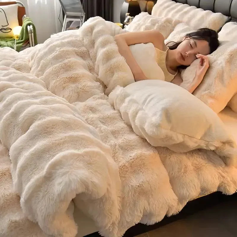 Colorful Rabbit Plush Bed Set with Four Pieces Winter Thick Milk Velvet Duvet Cover Double Sided Velvet Sheet Bedroom Beds Set