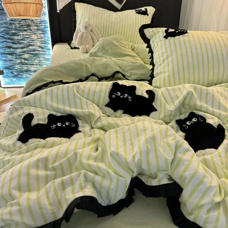Green Stripe, Black Cat Embroidery Bedding Set