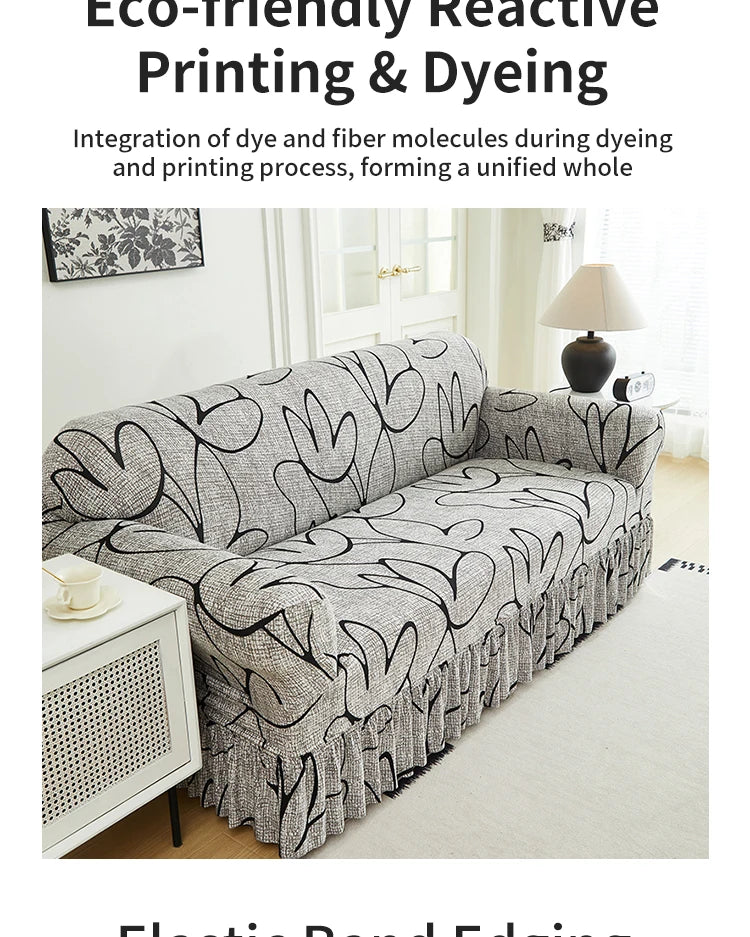 Printed Sofa Cover with Skirt - Full Coverage & Elastic, Multiple Colors
