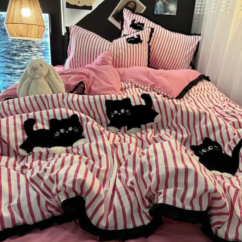 Green Stripe, Black Cat Embroidery Bedding Set