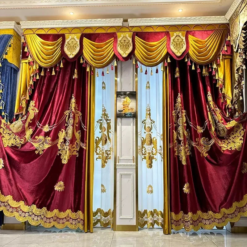 European Red Embroidery Luxury Velvet Curtains for Living Room Blackout Bedroom Tulle Palace Valance Elegant Hall Wedding