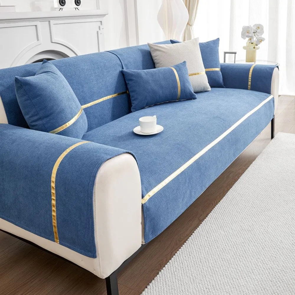 New Gold Edge Sofa Cushion Cover Seat Cushion Household 2024 Four Seasons Modern Simple Non Slip Corn Silk Fabric Sofa Cover