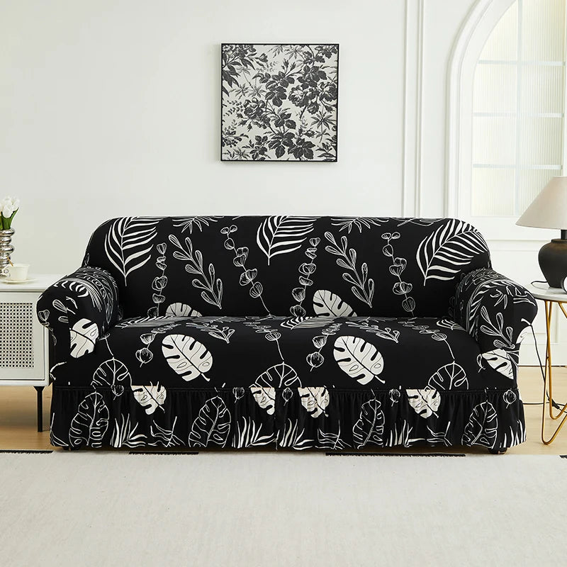 Printed Sofa Cover with Skirt - Full Coverage & Elastic, Multiple Colors
