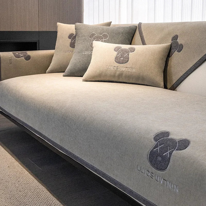 Chenille Sofa Cover Antislip Universal for All Seasons Dust Sofa Cover Solid Color Embroidered Decor Sofa Cushion Backrest Towel