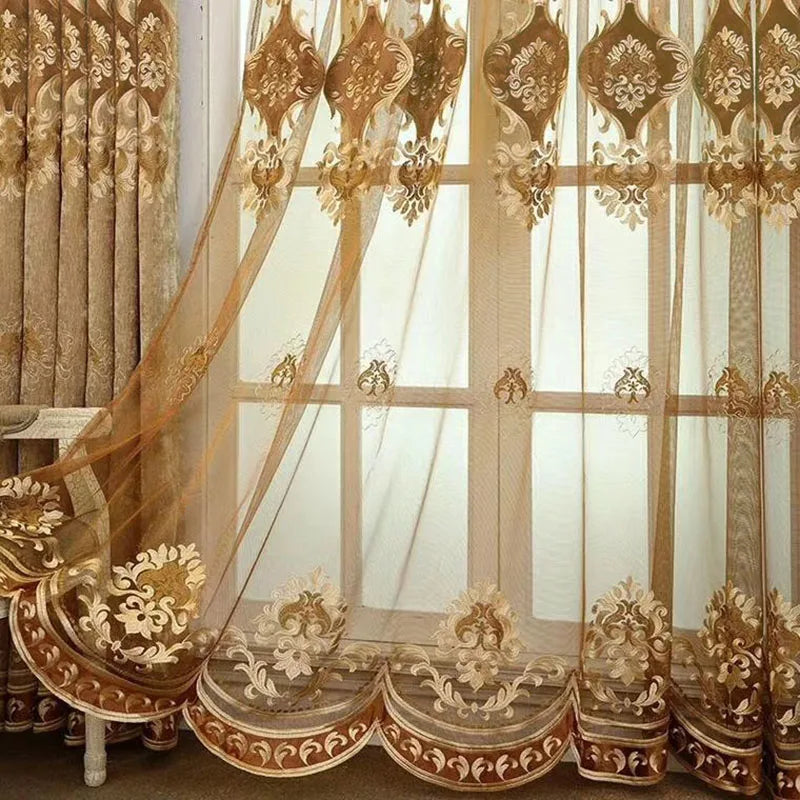 European Brown Chenille Blackout Curtain for Living Room Villa Luxury Flower Embroidery Drapes Room Darkening Thermal Insulated